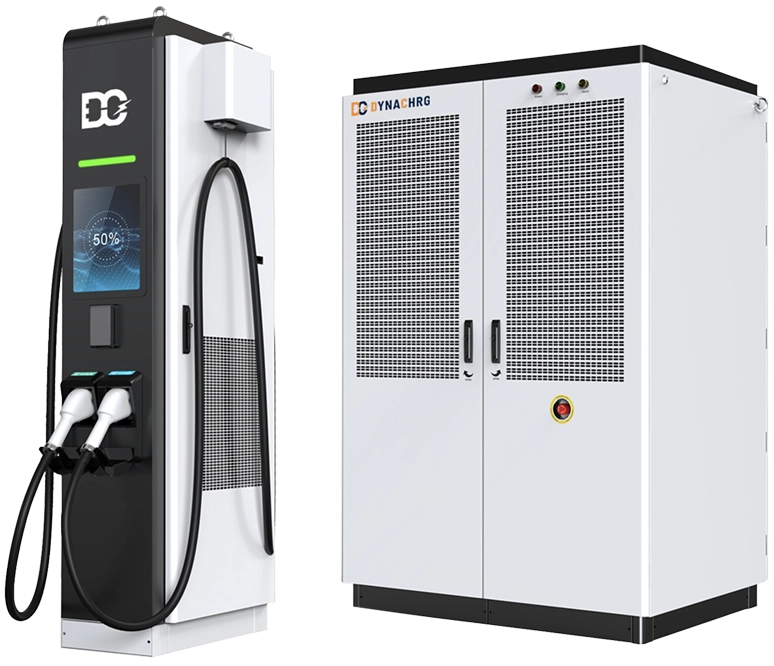 Black and white DYNACHRG electric vehicle charging station with dual charging cables and indicator lights.