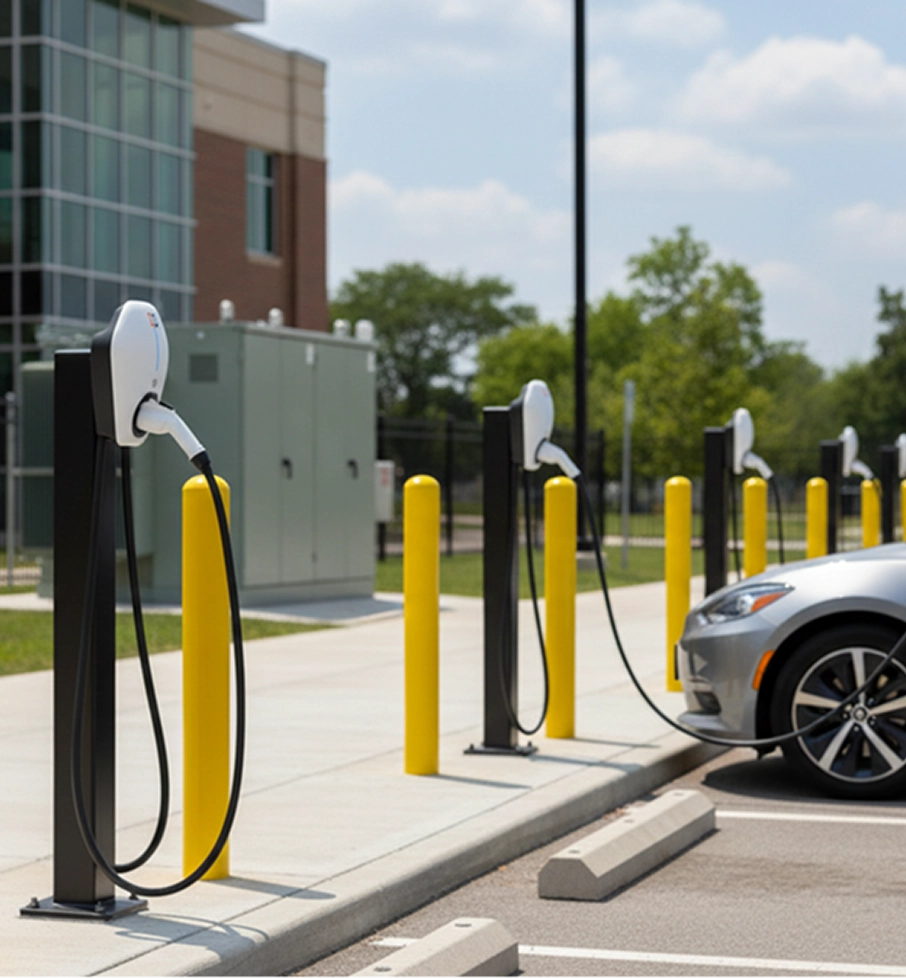 Electric vehicle charging station with multiple chargers and a silver car plugged in on a sunny day.