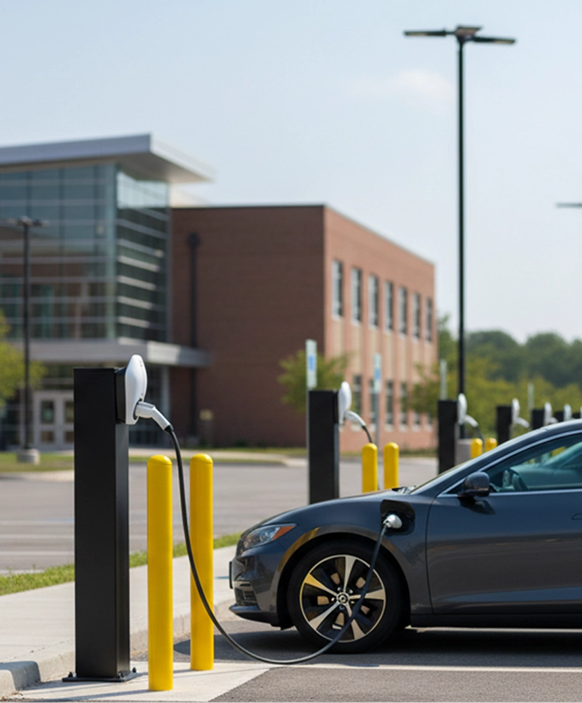 Electric car charging at a public charging station in a parking lot near modern buildings.