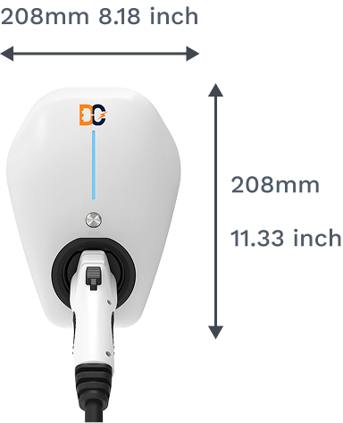 Front view of a white electric vehicle charger with dimensions 208mm width and 288mm height shown.
