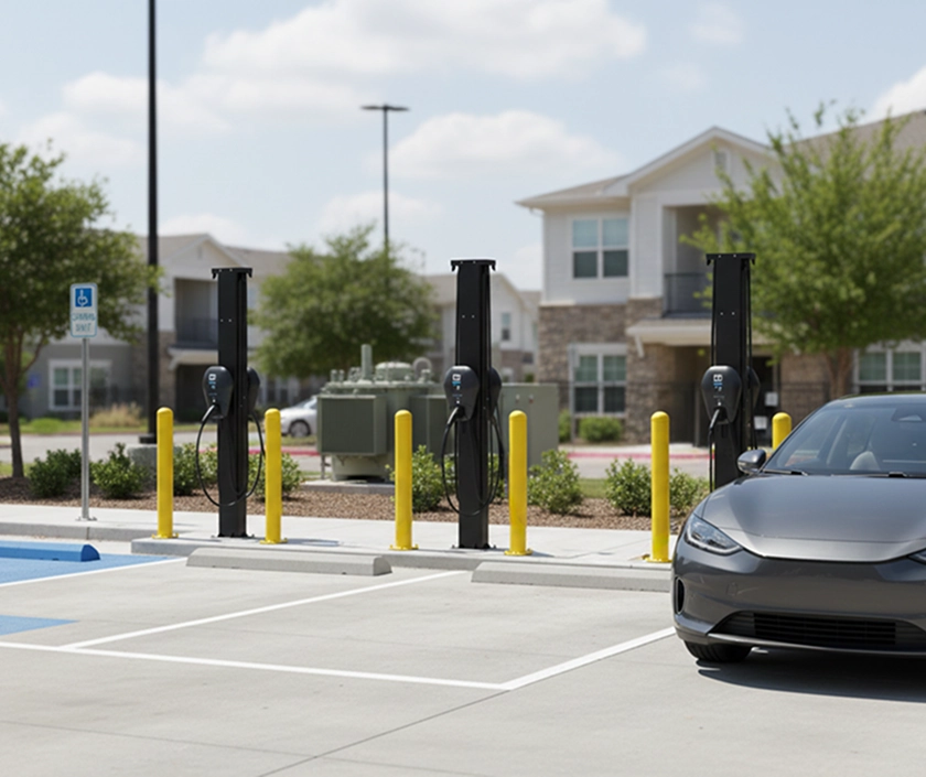 Three electric vehicle charging stations with a gray car parked in one, in a residential parking lot.