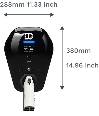 Front view of black EV charging station showing dimensions: 288mm width and 380mm height.