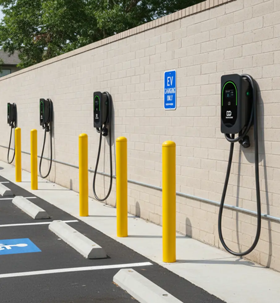 Row of electric vehicle charging stations mounted on a brick wall with yellow bollards in front and parking spaces nearby.
