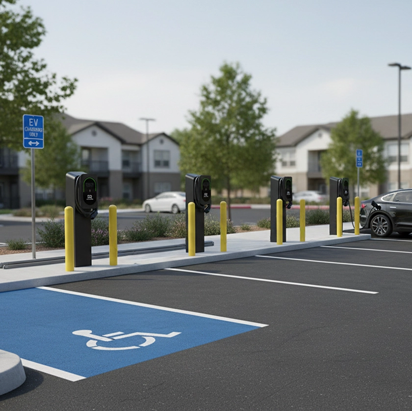 Electric vehicle charging stations in a parking lot with a disabled parking space marked in blue.