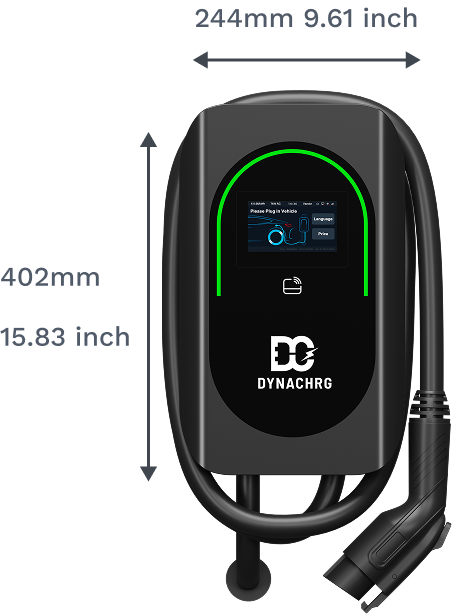 Dynachrg EV charger with cable, measuring 244mm wide and 402mm tall.