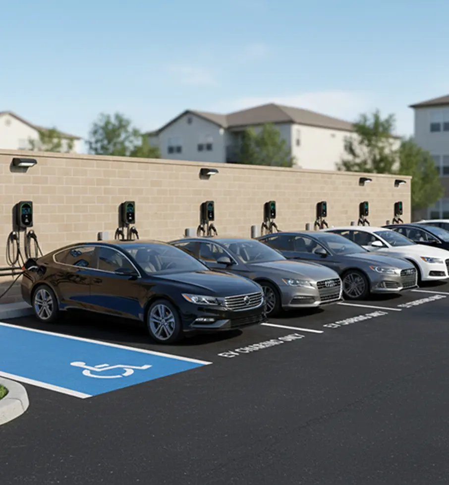 Electric cars parked at a row of charging stations next to a brick wall with a blue handicapped parking space.