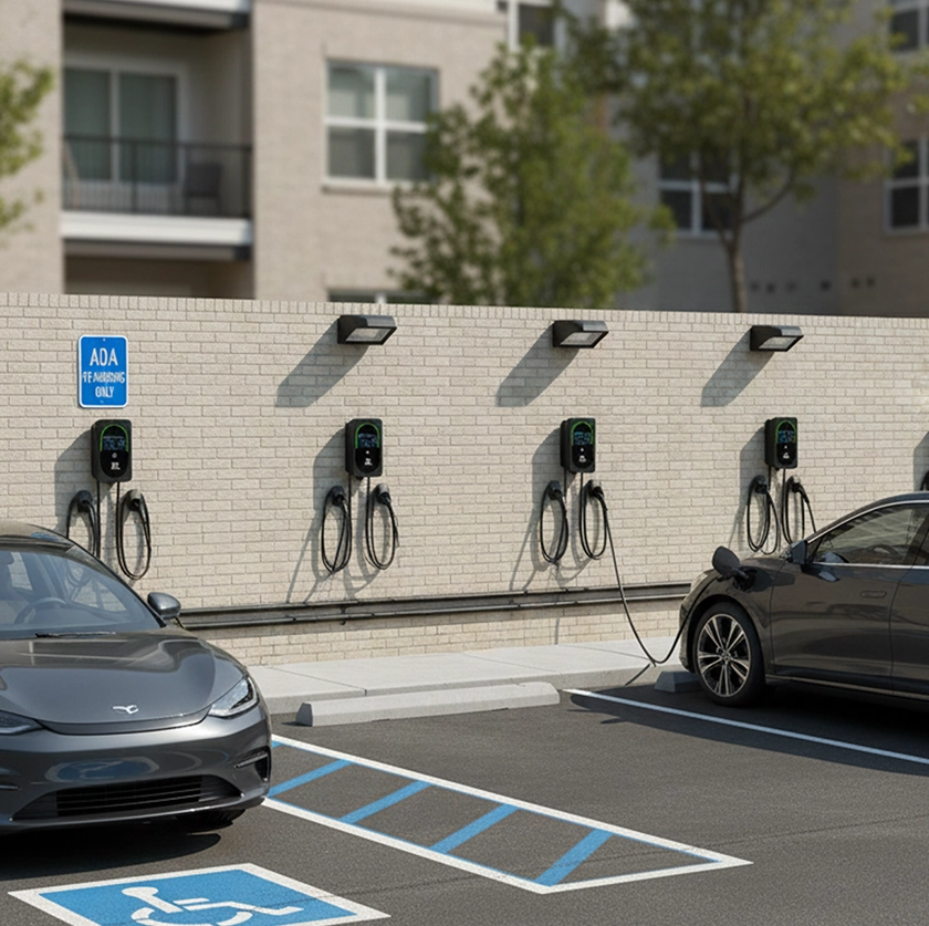 Electric car charging station with four chargers mounted on a brick wall and two electric cars parked, one in an ADA spot.