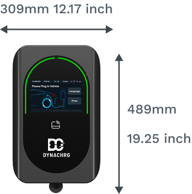 Black rectangular EV charging station with screen and dimensions 309mm by 489mm labeled in mm and inches.