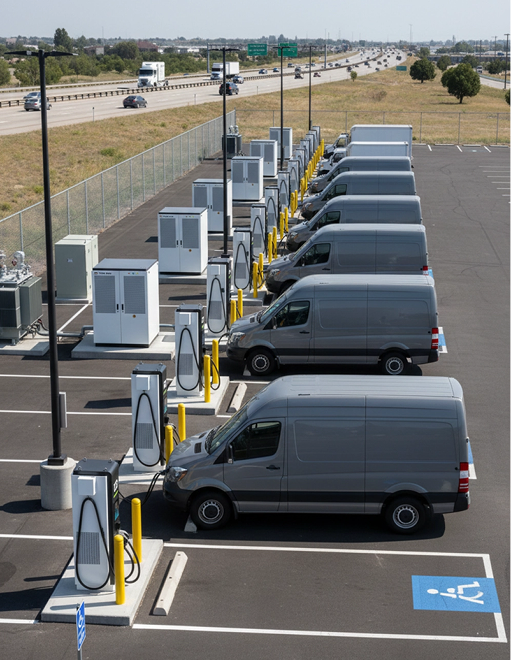 Row of gray electric vans parked at a charging station next to a highway.