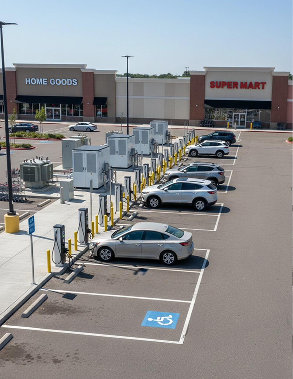 Electric vehicle charging stations in a parking lot with several cars parked near a Home Goods and Super Mart store.