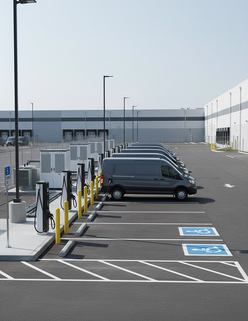 Row of electric vans charging at a commercial EV charging station in a parking lot.