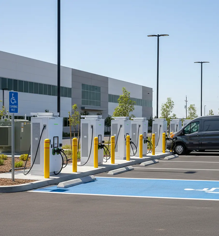 Row of electric vehicle charging stations with a black van parked at one, outside a modern building.