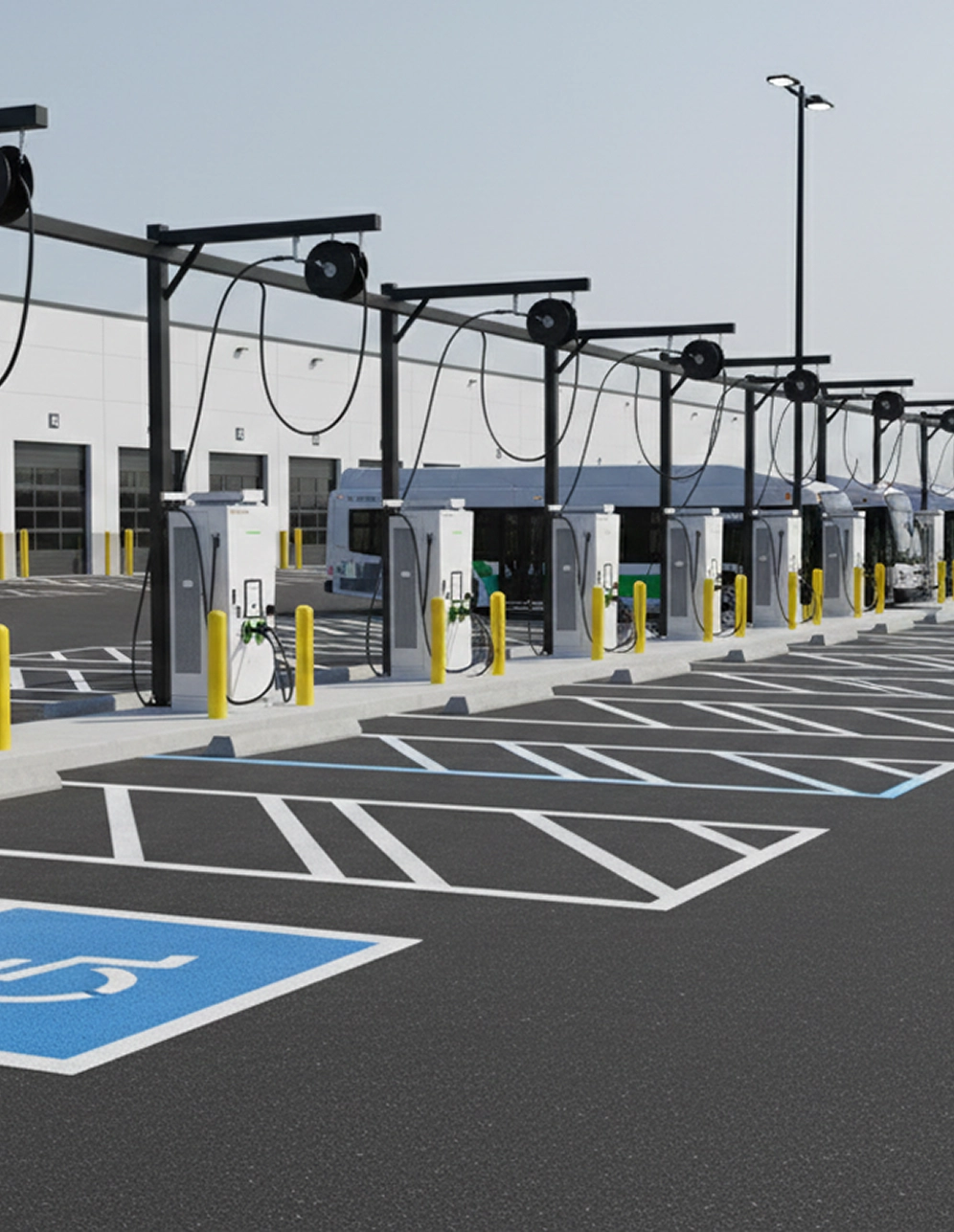 Electric bus charging station with multiple charging units and buses parked under a clear sky.