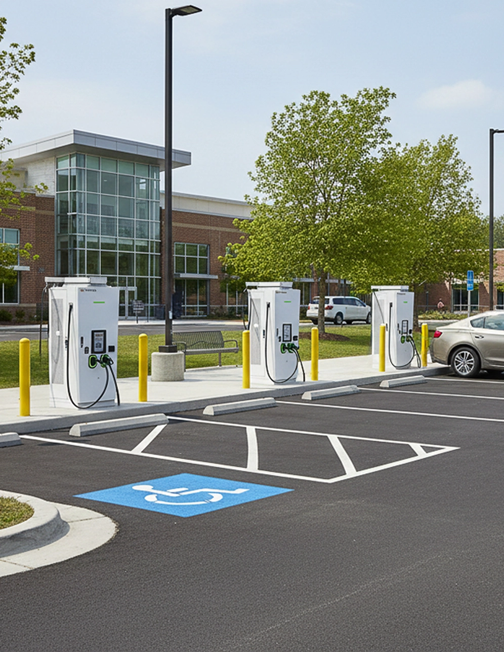 Electric vehicle charging stations in a parking lot with a building and trees in the background.