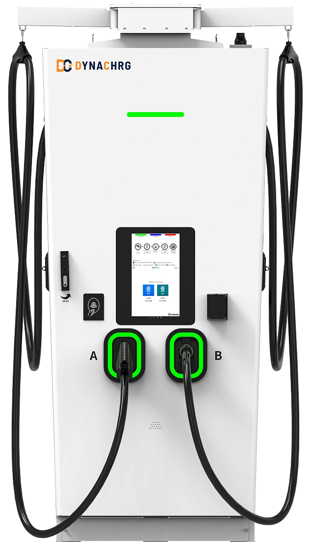 DYNA CHRG electric vehicle charging station with two charging ports labeled A and B, each with green-lit connectors.
