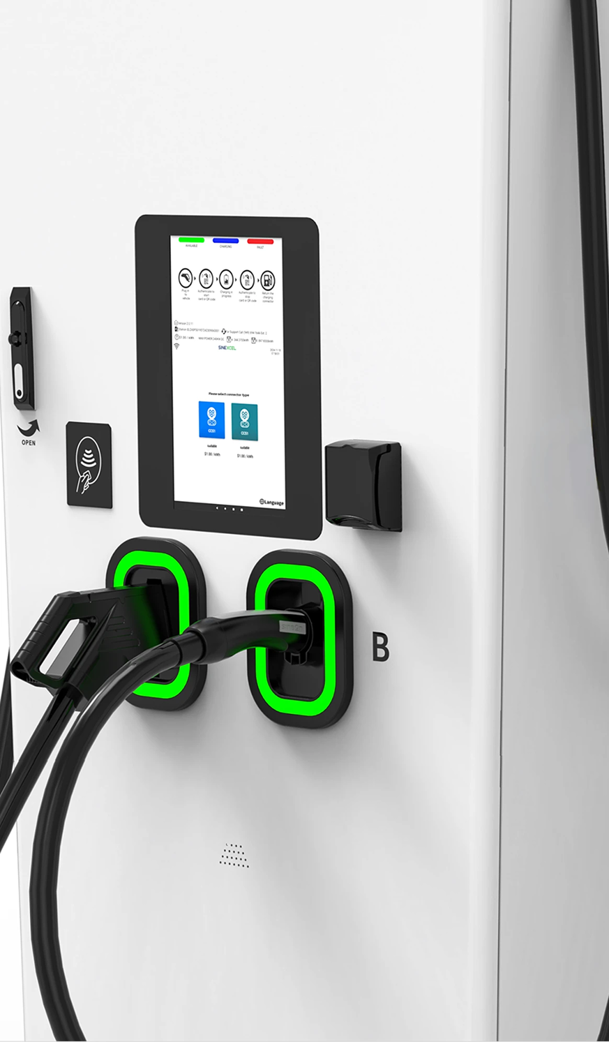 Close-up of an electric vehicle charging station with screen and two plugged-in connectors outlined in green.