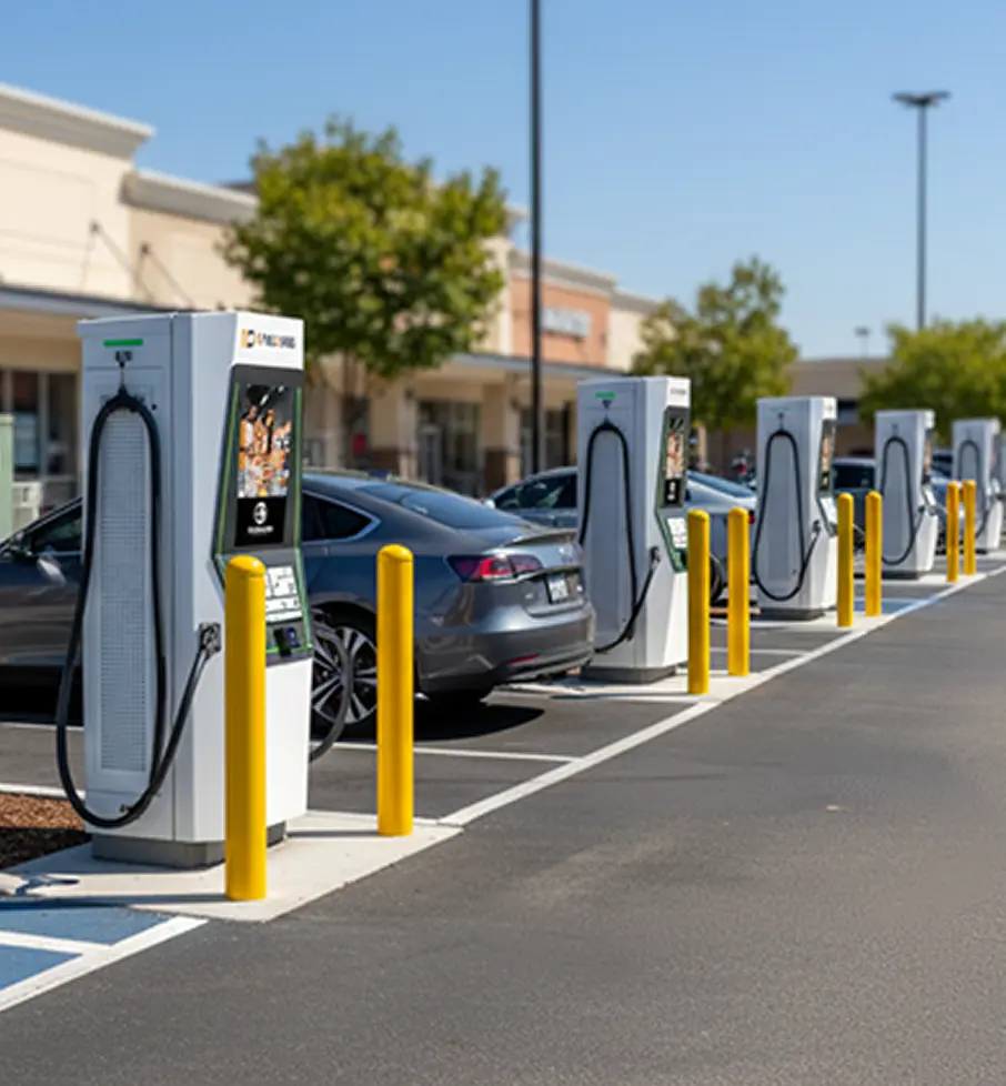 Line of electric vehicle charging stations with cars parked and plugged in under clear sky.