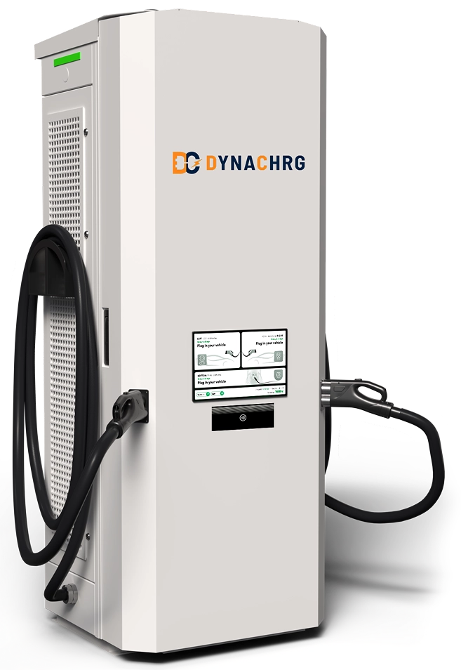 White Dynachrg electric vehicle charging station with two black charging cables.