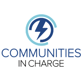 Logo with a blue lightning bolt inside a circular shape above the text Communities In Charge.