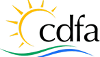 CDFA logo featuring a stylized sun and green and blue wave lines underneath the text.