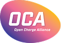 Open Charge Alliance logo with white text on a purple and orange gradient background.