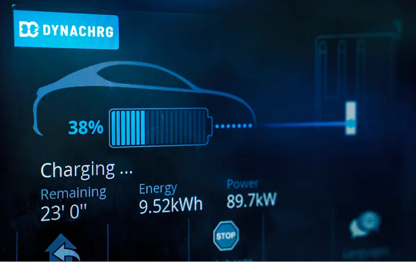 Electric car charging interface showing 38% battery, 23 minutes remaining, 9.52 kWh energy, and 89.7 kW power.