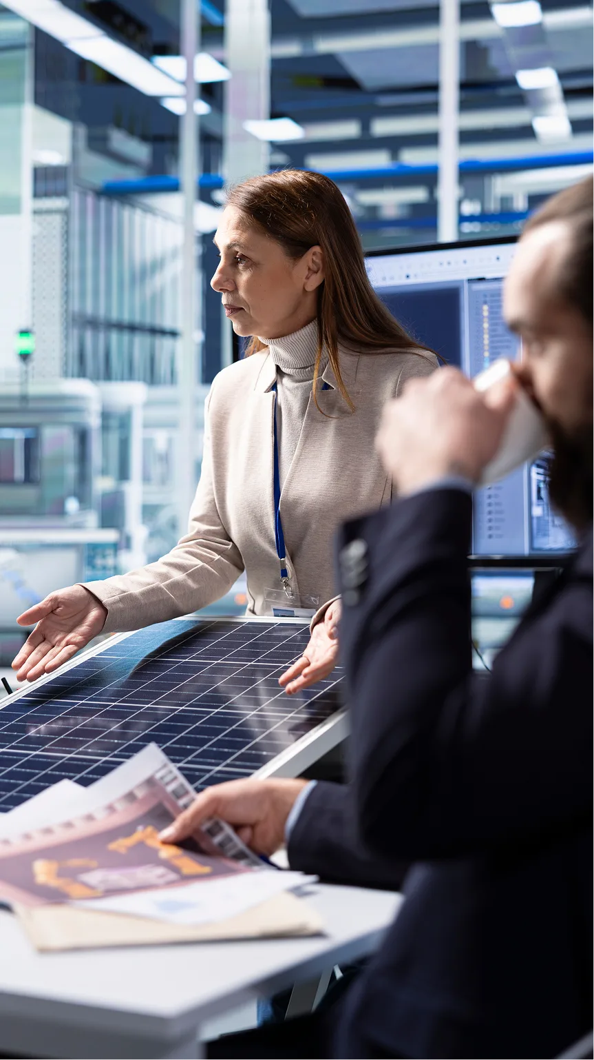 Woman explaining solar panel features to a man holding documents and drinking coffee in a modern office.