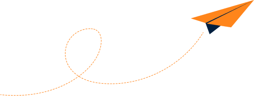 Orange paper airplane flying with a looping dotted flight trail behind it.