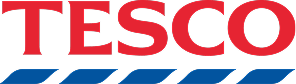 Tesco company logo in red letters with blue stripes underneath.