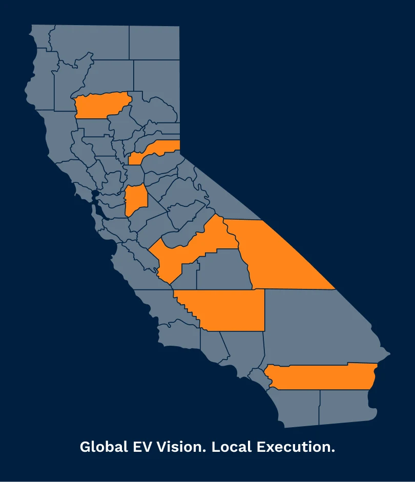 Map of California counties with several highlighted in orange under the text Global EV Vision. Local Execution.