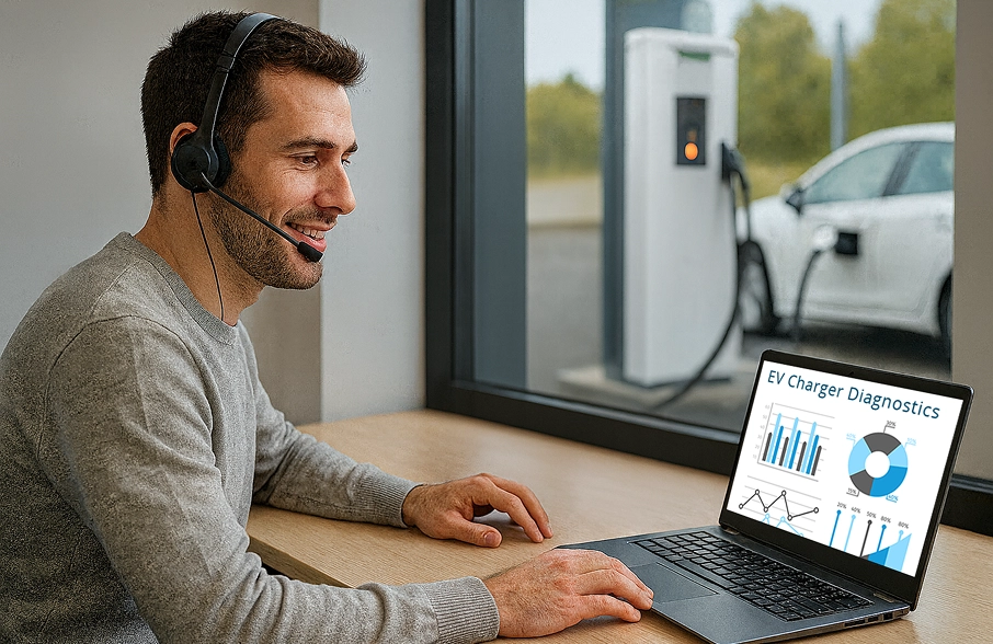 Man wearing headset sits by window using laptop showing EV Charger Diagnostics charts, with electric car charging outside.