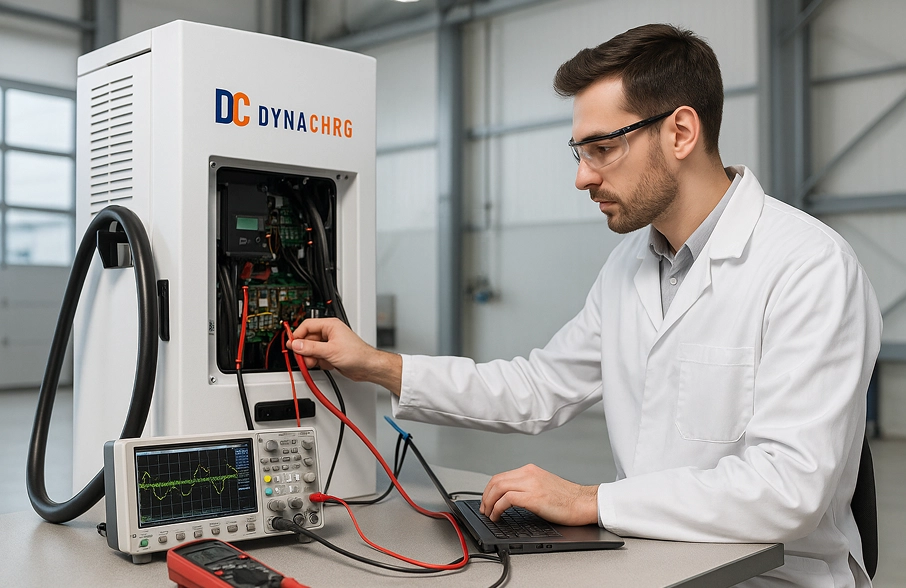 Engineer in a lab coat and safety glasses testing electronic components inside a DC Dynachrg machine using an oscilloscope.