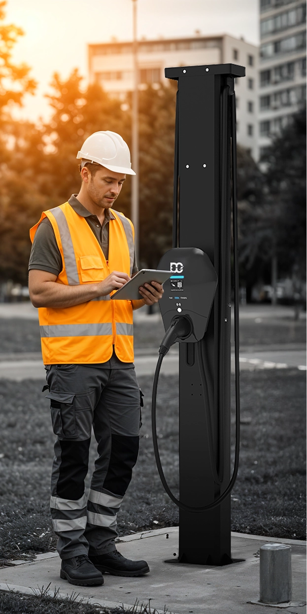 Construction worker in a white helmet and orange safety vest using a tablet near an electric vehicle charging station.