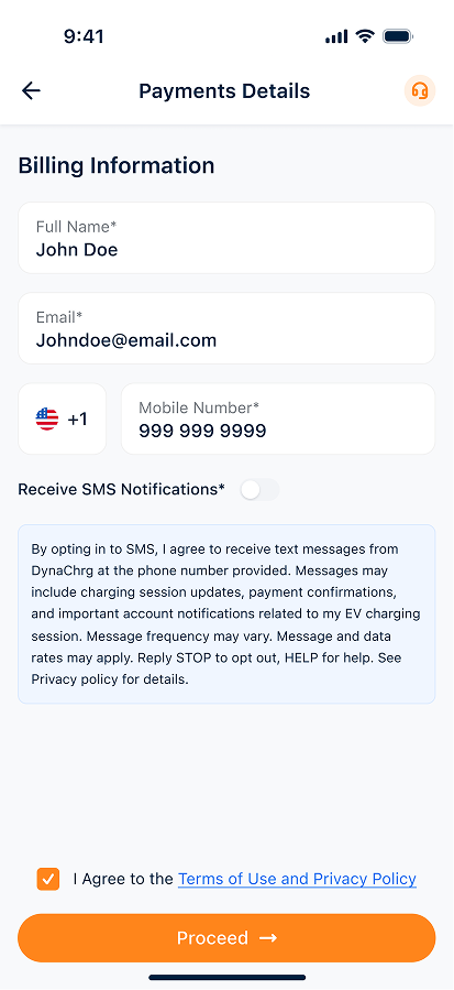 Mobile app screen showing payment details with billing info fields and SMS notification opt-in toggle.
