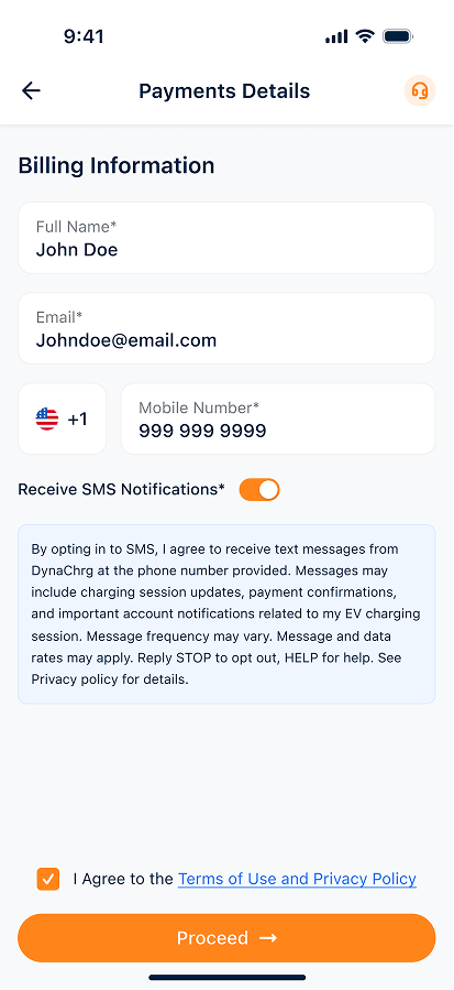 Mobile billing form filled with name John Doe, email, and US phone number, SMS notifications enabled, proceed button visible.