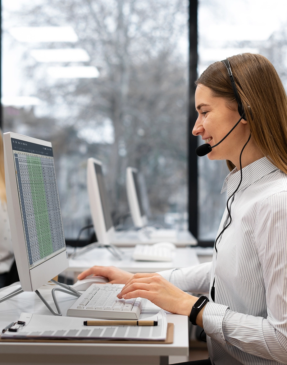 Woman wearing a headset working on a computer with a spreadsheet open in a bright office.