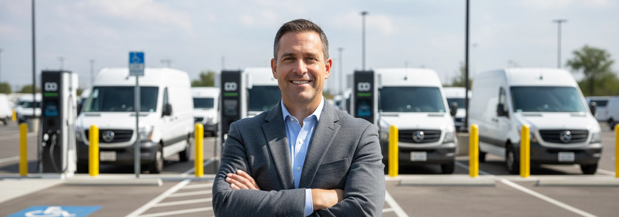 Man in gray suit standing with arms crossed in front of white electric vans at charging stations.