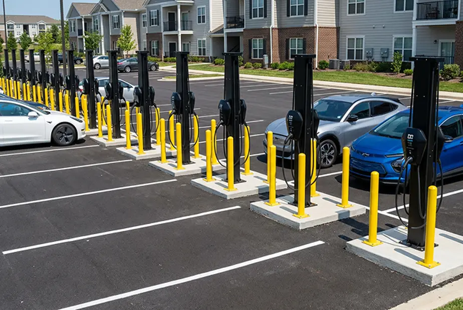 Row of electric vehicle charging stations with cars parked nearby in an apartment complex parking lot.