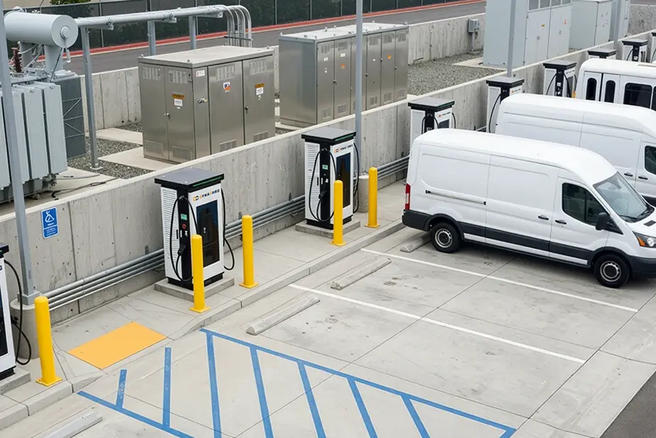 Electric vehicle charging station with multiple white vans parked in adjacent spaces.