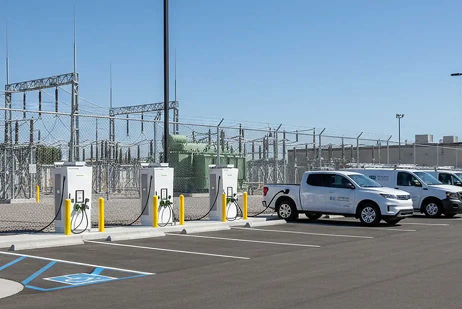 Electric vehicle charging stations with one white pickup truck plugged in in a fenced industrial area.