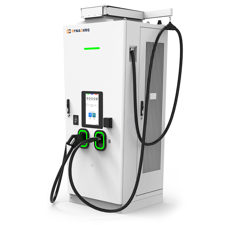 White Dynachrg electric vehicle charging station with two cables and digital screen.