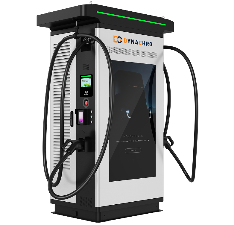 Modern Dynachrg electric vehicle charging station with two charging cables and a digital screen.