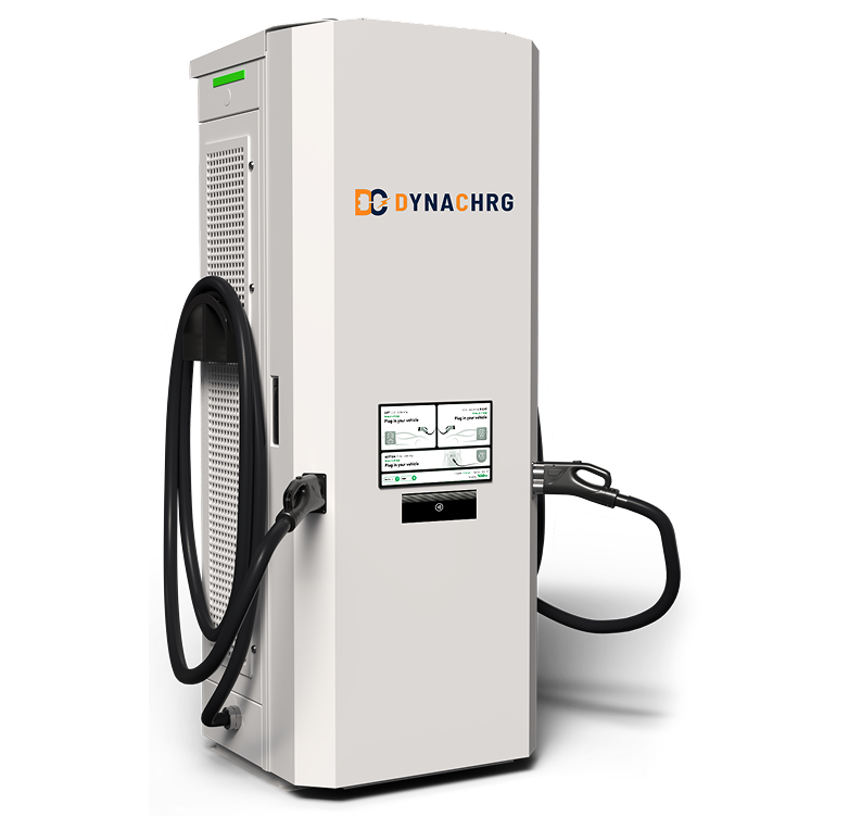 Dynachrg electric vehicle charging station with two charging cables and a small display screen.