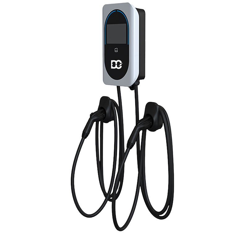 Dual-port electric vehicle charging station with two black charging cables and a vertical screen display.