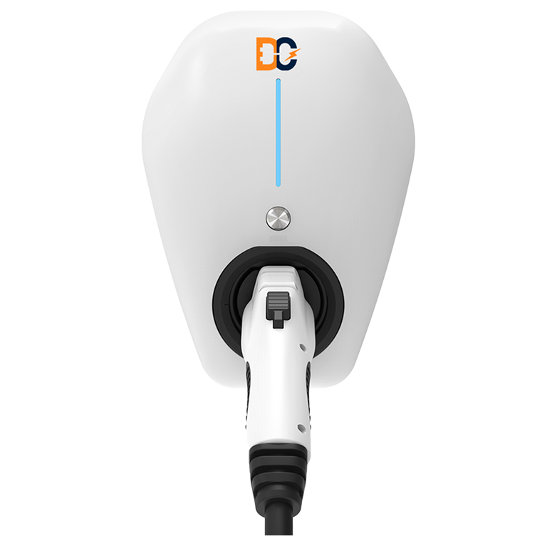 White electric vehicle charging station with a plugged-in charging cable and DC logo.