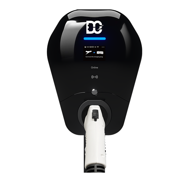 Black electric vehicle charging station with a white plug inserted and a small display screen.