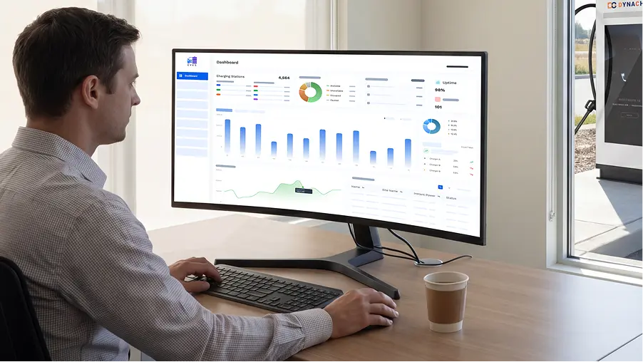 Man working on a computer with a large curved monitor displaying a dashboard of charts and graphs.