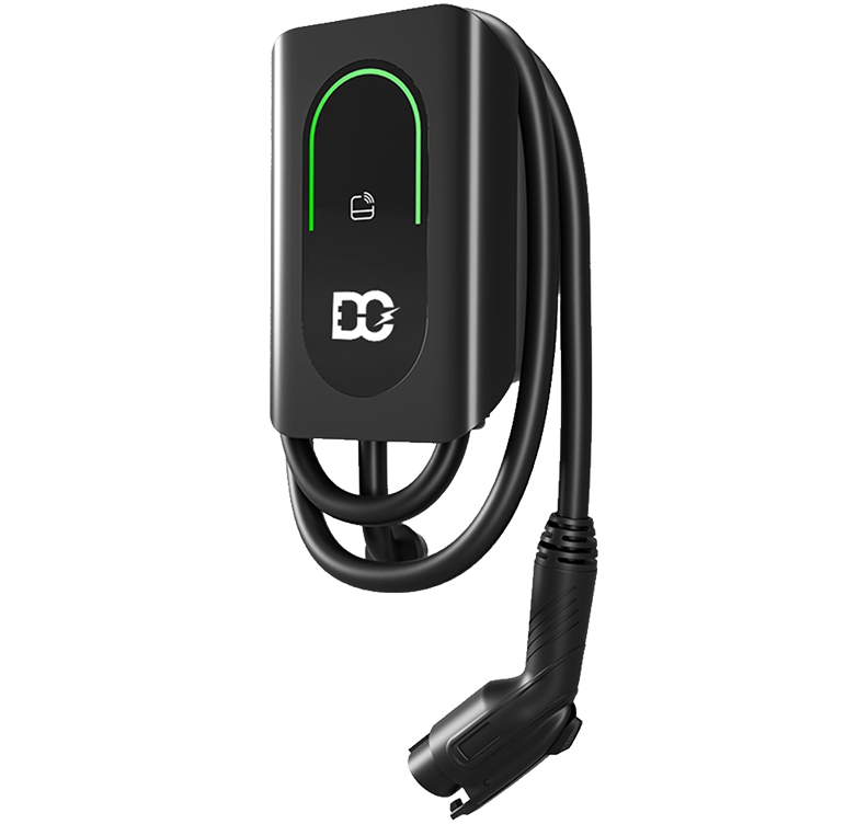 Black electric vehicle charging station with coiled cable and connector handle.