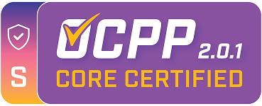 OCPP 2.0.1 Core Certified badge with a checkmark symbol on a purple background.