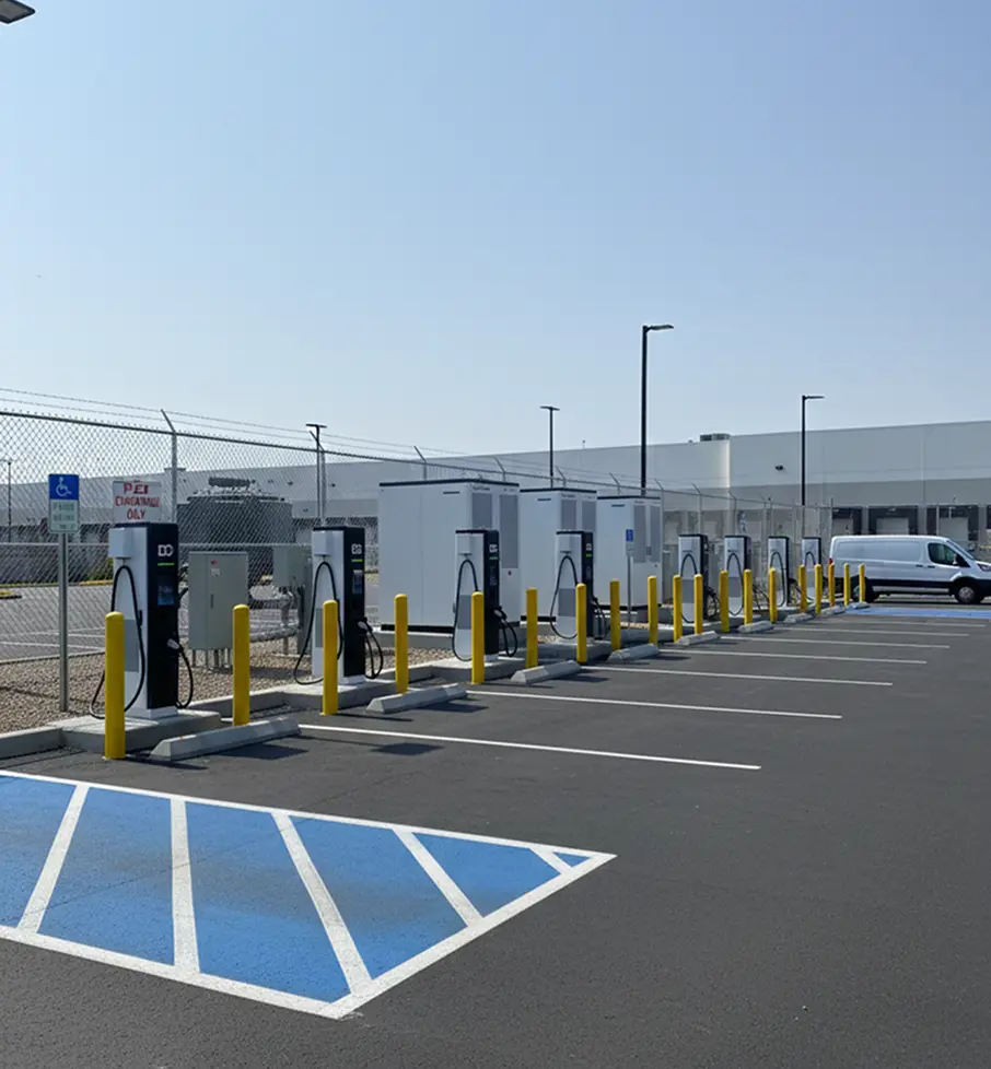 Row of electric vehicle charging stations next to a parking lot with a white van and a handicap parking space.
